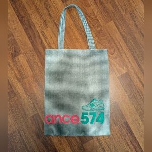Checkered New Balance Tote Bag with Green and Pink Print